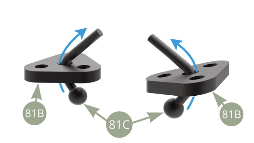 Fit 81C Pivot axles through center hole in 81B Tie down plates ( blue arrows ).