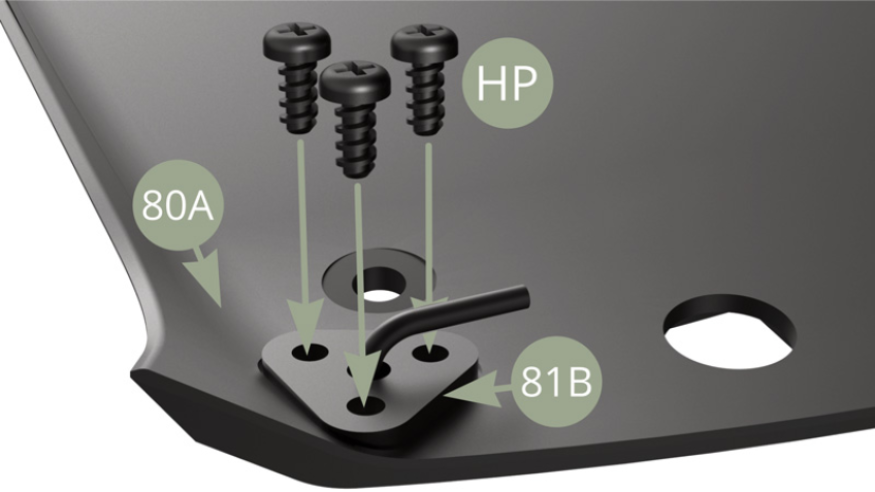 Fix first 81B Tie down plate to 80A Ceiling panel left front corner with three HP screws.