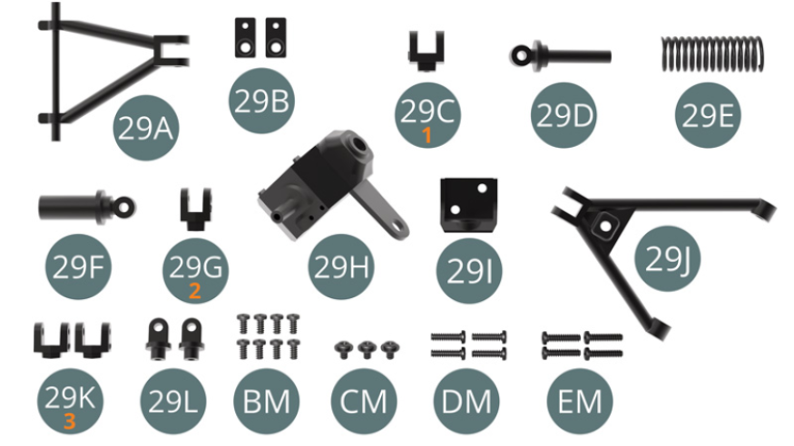 29A Upper front wishbone29B Bracket (x 2) 29C Shock absorber upper support (marked 1) 29D Shock piston 29E Shock spring 29F Shock cylinder 29G Lower shock absorber support (marked 2) 29H Hub carrier top29I Lower hub carrier 29J Lower front wishbone 29K Lower wishbone support (x2, marked 3) 29L Hub carrier joint (x 2)BM Screw M 2.0 x 4 mm (x8) CM Screw M 2.0 x 3 x 5 mm (x3) DM Screw M 2.0 x 8 mm (x4) EM Screw M 2.0 x 9 mm (x4)