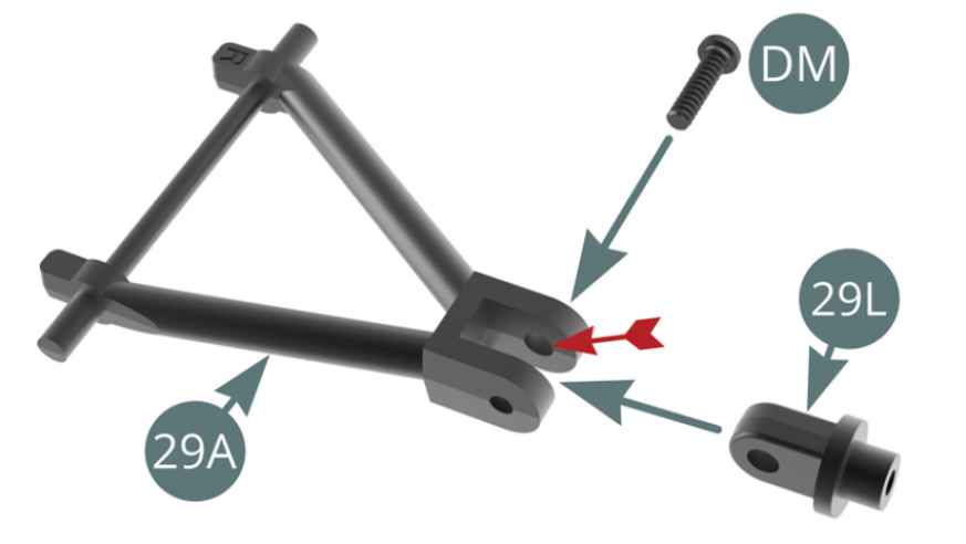 Position 29L hub carrier joint on 29A front upper wishbone and fix with a DM screw through the widest hole (red arrow), maintain mobility.