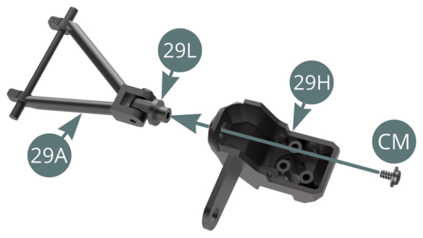 Position the top of 29H hub carrier on 29L hub carrier joint and fix with a CM screw, do not overtighten, allow the wheel to turn.