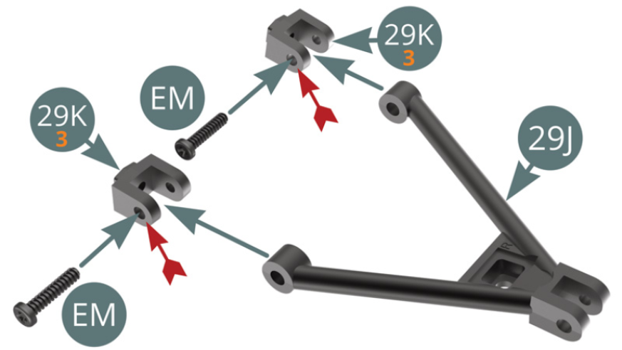 Position the two 29K lower wishbone supports (marked 3) successively on 29J lower front wishbone and secure each of them with an EM screw through the widest hole (red arrow), maintain mobility.