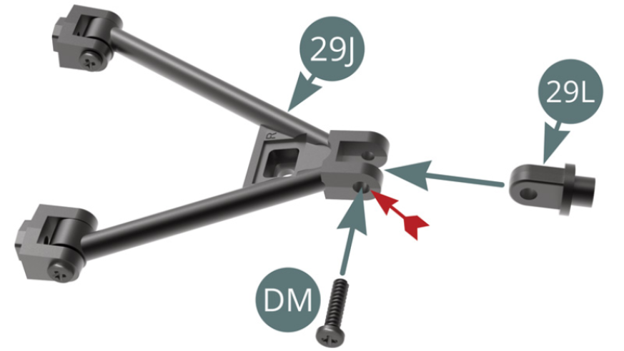 Position 29L hub carrier joint  on 29J front lower wishbone and fix it with a DM screw through the widest hole (red arrow), maintain mobility.