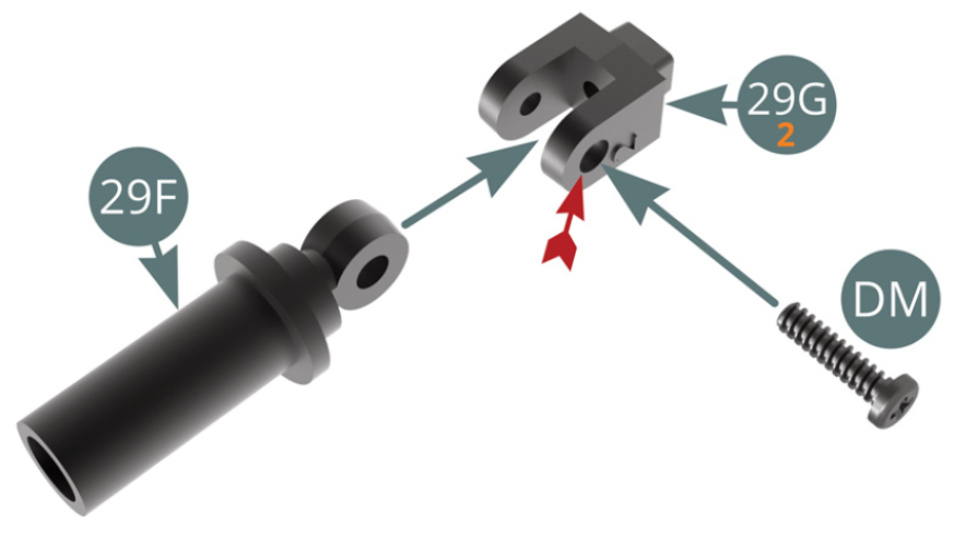 Position 29G Lower shock absorber support (marked 2) on 29F Shock cylinder and fix with a DM screw through the widest hole (red arrow), maintain mobility.