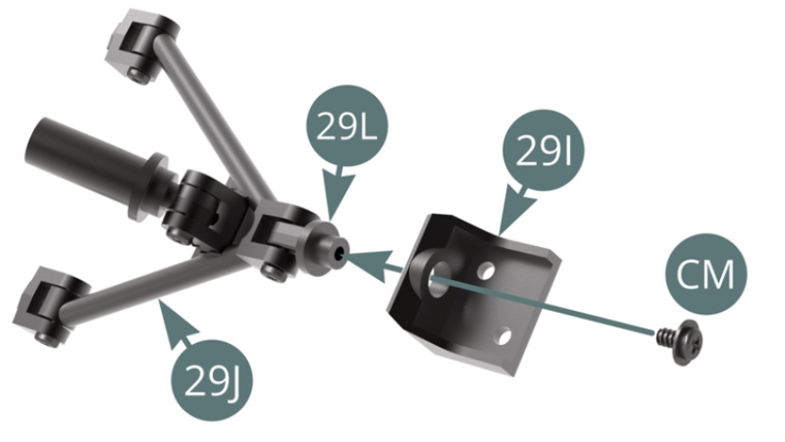 Position the bottom of 29I hub carrier on 29L hub carrier joint and secure with a CM screw,  do not overtighten – allow the wheel to turn. 