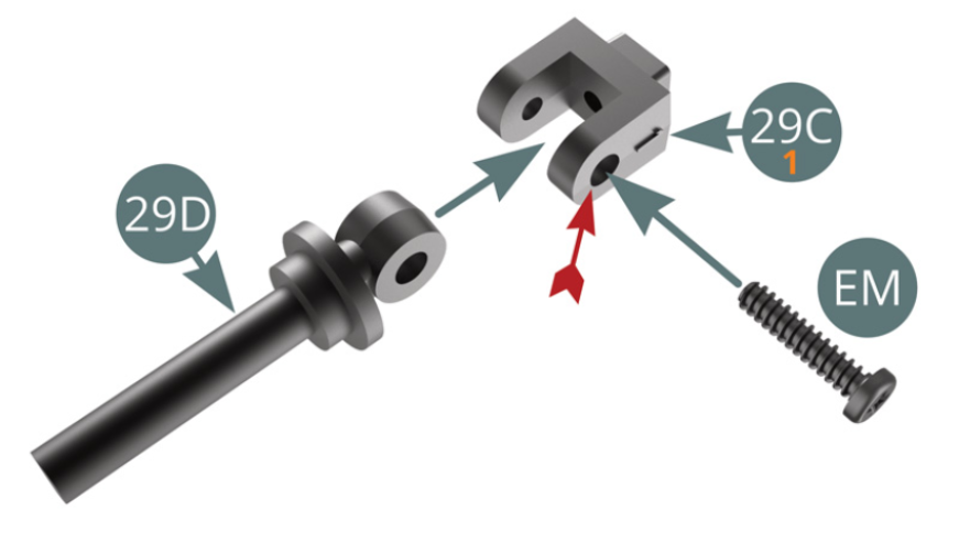 Position 29C upper shock absorber 29C (marked 1) on 29D shock piston and secure with an EM screw through the widest hole (red arrow), maintain mobility!