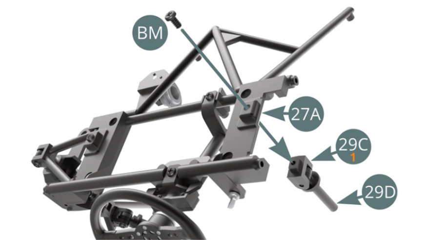 Position 29C upper shock absorber bracket (marked 1) on 27A dashboard frame and secure with a BM screw.