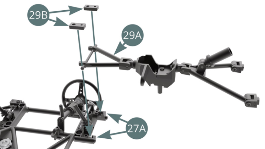 Position 29A upper front wishbone on 27A dashboard frame and secure with 29B brackets and two BM screws (shown above and opposite). Do not overtighten to allow movement.