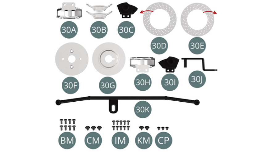 30A Left brake caliper 30B Brake piston cover (x 2) 30C Left brake bailer / Brake force regulator30D Inner surface of right brake disc (note direction of ventilation holes) 30E Outer surface of right brake disc (note direction of ventilation holes) 30F Right inner brake half disc 30G Right Outer Brake Half Disc30H Right brake caliper 30I Right brake scoop 30J Steering Rod 30K Steering Bar BM Screw M 2.0 x 4 mm (x 8) CM Screw M 2.0 x 3 x 5 mm (x 3) IM Screw M 1.7 x 3.5 mm (x 10) KM Screw M 1.7 x 3 x 5 mm (x 2) CP Screw M 1.7 x 3 x 5 mm (x 3)