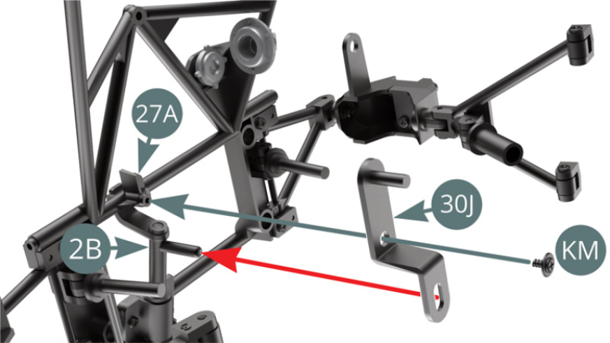 Position 30J steering link on 27A dashboard frame while engaging the lever at the end of the steering column in the slot provided (red arrow), then secure with a KM screw.