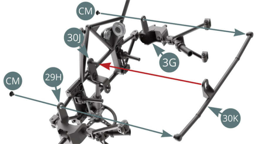 Position 30K steering bar on the upper hub carrier arms 29H and 3G, engaging it in the axis of the steering rod  (red arrow) and secure with two CM screws.