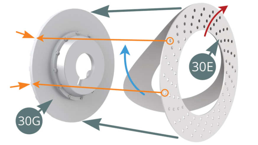 Remove the backing paper (blue arrow) from the outer surface of 30E right brake disc and apply the adhesive to 30G right outer half brake disc (note the direction of the ventilation holes, red arrow). Ensure that the outer holes face the ribs of the disc (orange arrows).