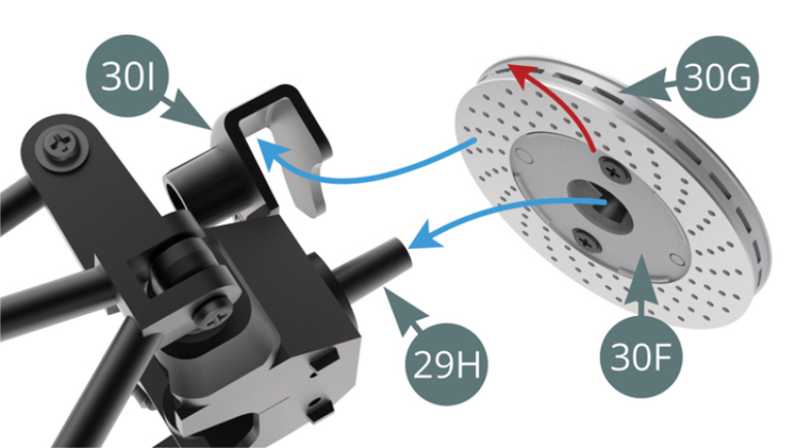 Position the right brake discs 30G-30F (check the direction of the ventilation holes, red arrow) on 29H hub carrier while engaging it in the 30I right brake scoop (blue arrows). Illustrations opposite.