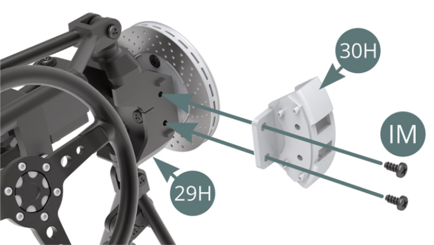 Position 30H right brake caliper on 29H hub carrier and secure with two IM screws.