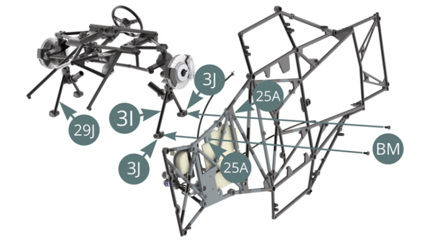 Install the front suspension by positioning the two lower swingarm brackets 3J /3I on 25A lower frame  and fix them with two BM screws.