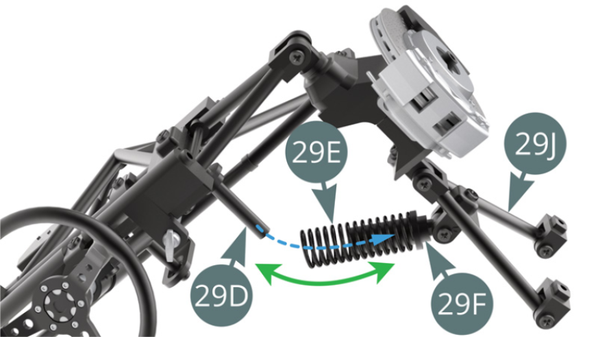Position 29E shock absorber spring (interchangeable with 3D spring) on 29F shock absorber cylinder, then while tilting the assembly (green arrow), position 29D shock absorber piston in 29F shock absorber cylinder and through 29E spring (blue dotted arrow).