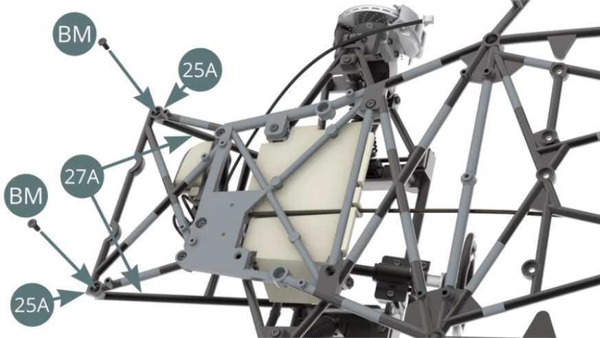 Attach the frame arms of 27A instrument panel to the ends of 25A lower frame with two BM screws. 