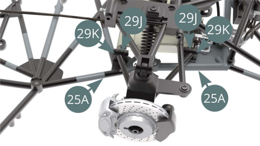 Align the two 29K lower wishbone brackets with the slots on the upper right of the lower frame 25A.