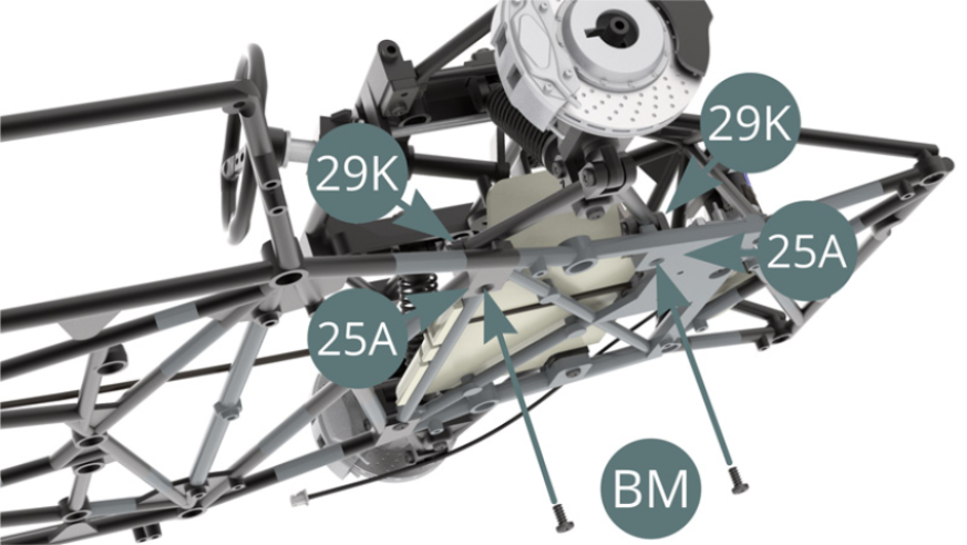 Attach the two 29K lower wishbone brackets to 25A lower chassis with two BM screws.