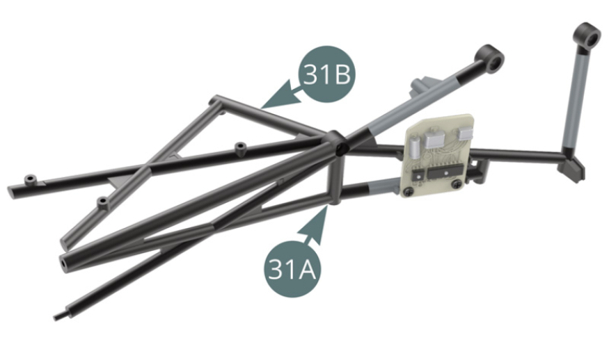 Install 31A-31B pre-assembly (illustration opposite) on 25A lower chassis and 27A dashboard frame (red arrow and blue arrows – see right hand illustration). Please check carefully the illustrations in the next step for a good understanding of the attachment points.