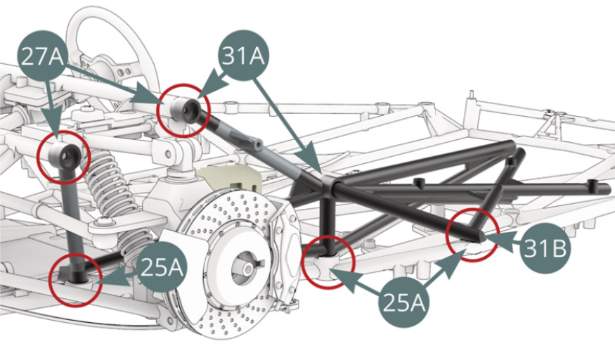 Locate the five attachment points (red circles) between 31A-31B chassis and 25A lower chassis assembly / 27A dashboard frame will be fixed with their respective screws as shown in the following two steps.