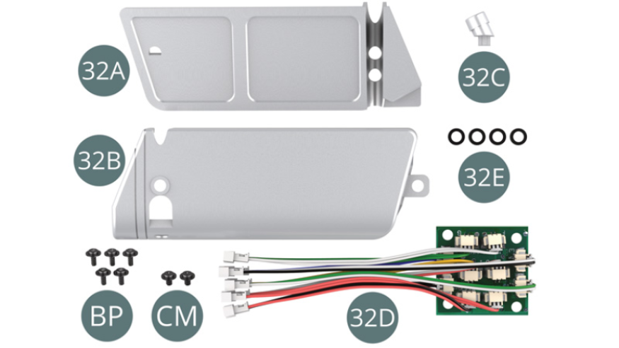 32A Top panel 32B Left fuel tank 32C Filling pipe/neck32D Printed circuit board with wires32E Spacer washers BP Screw M 1.7 x 4 x 5 mm (x 5) CM Screw M 2.0 x 3 x 5 mm (x 2)