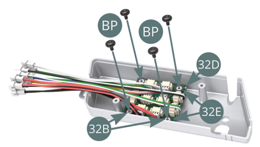Attach the 32D PCB to the 32B fuel tank with four BP screws. 