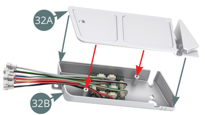 Position 32A top panel on 32B fuel tank  using the two pins (red arrows).