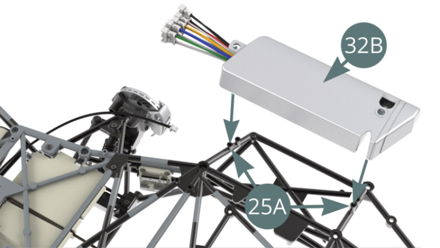 Position 32B fuel tank on the lugs provided on 25A lower chassis and secure with a CM screw (illustrations opposite). Refer to the illustrations in the next step for the arrangement of the cables.