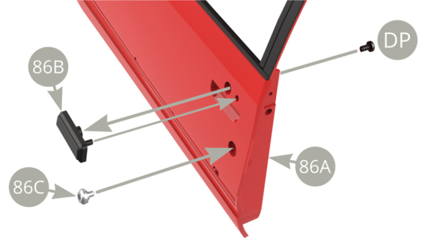 Fit 86B Door handle to 86A Left door and fix with DP screw . Fit 86C Cylinder lock to 86A Left door . ( lower illustrations )