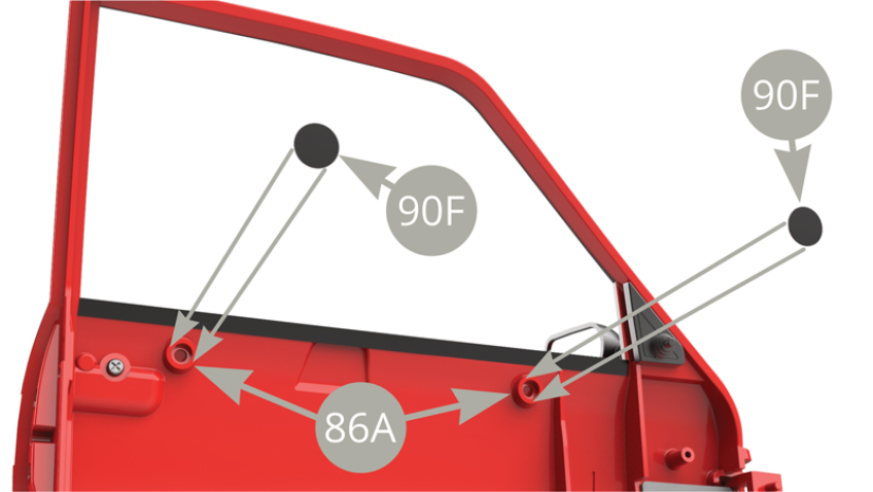 Peel two 90F Protective roundels off backing paper and stick to 86A Left door protrusions on its inner side.
