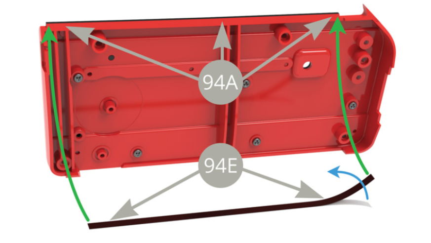 Peel 94E Glass protective strip off its backing paper ( blue arrow ) and stick along the upper edge of 94A Right door inner panel back side ( green arrows ) .