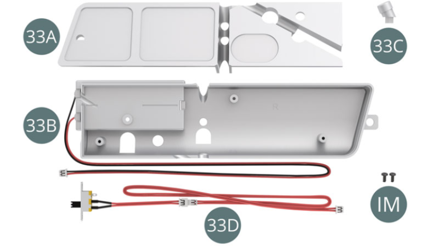 33A Top Panel 33B Right fuel tank 33C Filling neck 33D Switch cable (double red) IM Screw M 1.7x 3.5 mm (x 2)