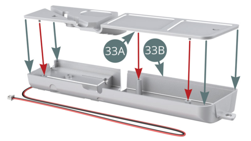 Position the top panel (33A) on the right fuel tank (33B) using the three pins (red arrows). 