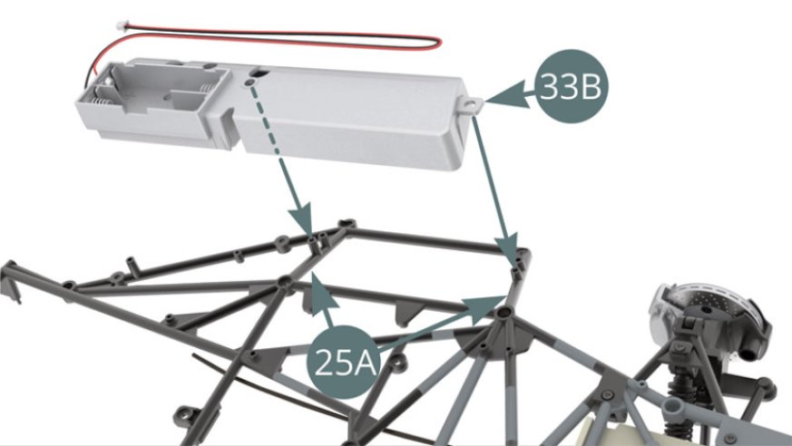 Position the right fuel tank (33B) on the lugs provided on the lower frame (25A) and secure with an IM screw (see illustrations). Route the red and black cable (33B) to the side of the upper part of the lower frame (25A) - blue arrow.