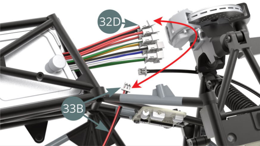 Connect the red and black cable (33B) - note its passage through the chassis tubes - to the socket of the red and black cable (32D) from the battery compartment (illustrations opposite).