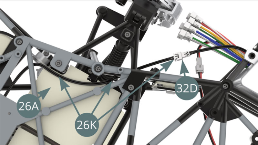 Guide the black double cable (26K) along the footrest (26A), then through the chassis tubes and plug it into the black twin cable socket of the battery compartment (32D) - illustrations opposite.