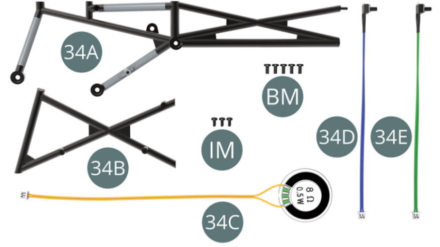 34A Chassis 34B Chassis 34C Speaker (yellow cable) 34D Engine Sound Switch (Blue Cable) 34E Horn Switch (Green Cable) BM Screw M 2.0 x 4 mm (x 5)IM Screw M 1.7 x 3.5 mm (x 3)