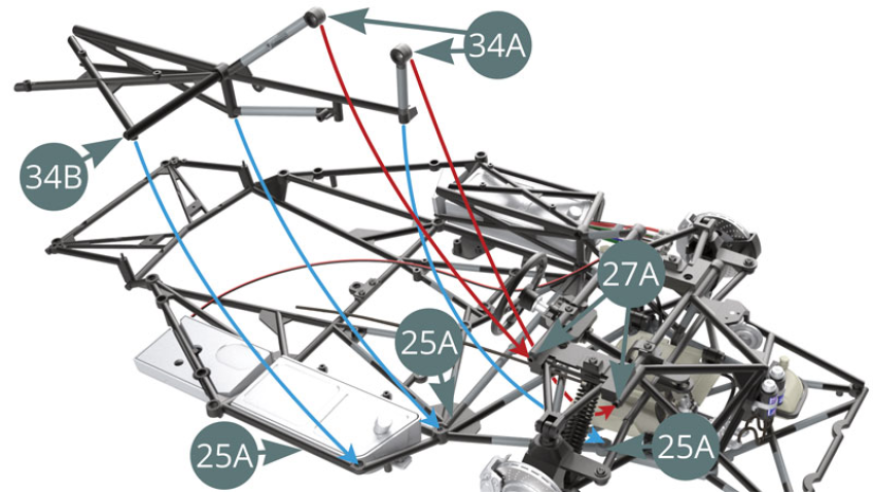Position the pre-assembled chassis (34A-34B) - previous illustration - on the lower chassis (25A) and the dashboard frame (27A) - red and blue arrows. For a good understanding of the connection points, carefully study the following two illustrations