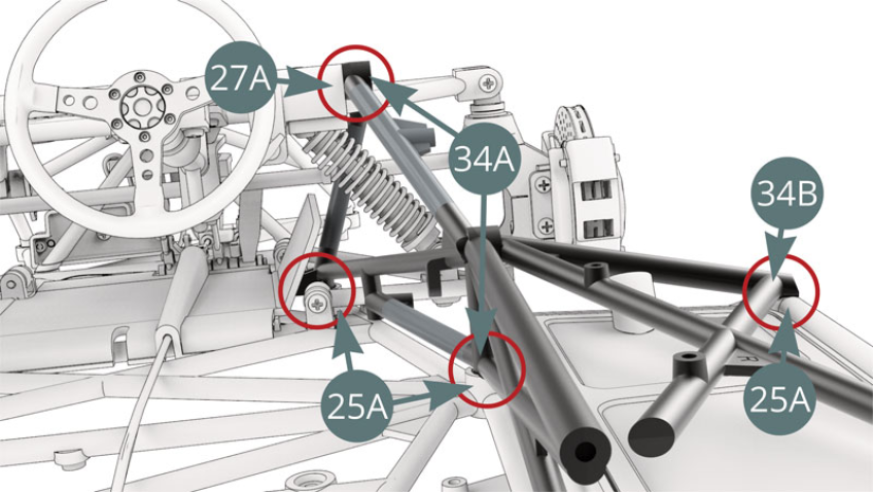 Identify the connection points (red circles) between the pre-assembled chassis (34A-34B) and the lower frame assembly (25A) / frame of the dashboard (27A). The fixation of these points must be ensured by the respective screws as indicated in the following three illustrations.