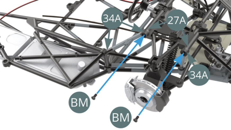 Attach the chassis (34A) to the dashboard frame (27A) with two BM screws.