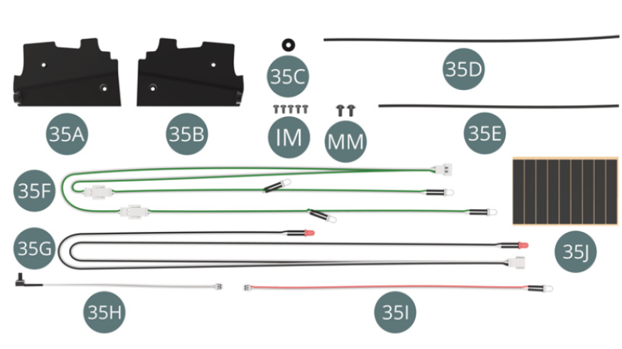35A Left mudguard 35B Right mudguard35C Washer 35D Left brake hose 35E Right Brake Hose 35F LED Cable Headlight (White-Green) 35G LED Cable Taillights (Black-White) 35H Light switch cable (white) 35I Instrument Backlight LED Cable (Red-White) 35J Adhesive tape (x 6) IM Screw M 1.7 x 3.5 mm (x 5) MM Screw M 2 x 4 x 5mm (x 2)