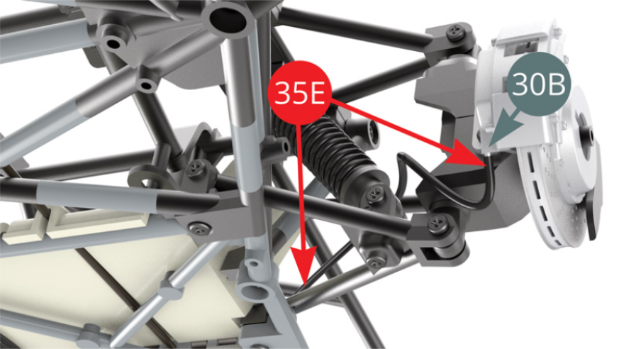 Position the right brake hose (35E) on the nipple located under the brake piston cover (30B). Guide the other end of the hose (35E) towards the master cylinder (26H) and attach it to the master cylinder (26H) - illustrations opposite.