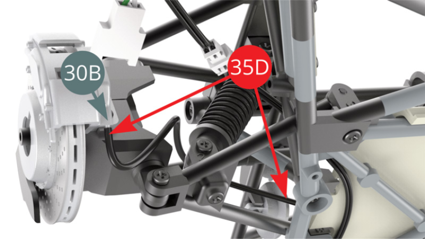 Position the left brake hose (35D) on the nipple located under the brake piston cover (30B). Guide the other end of the hose (35D) towards the  master cylinder (26H and attach it to the master cylinder (26H) - illustrations opposite.