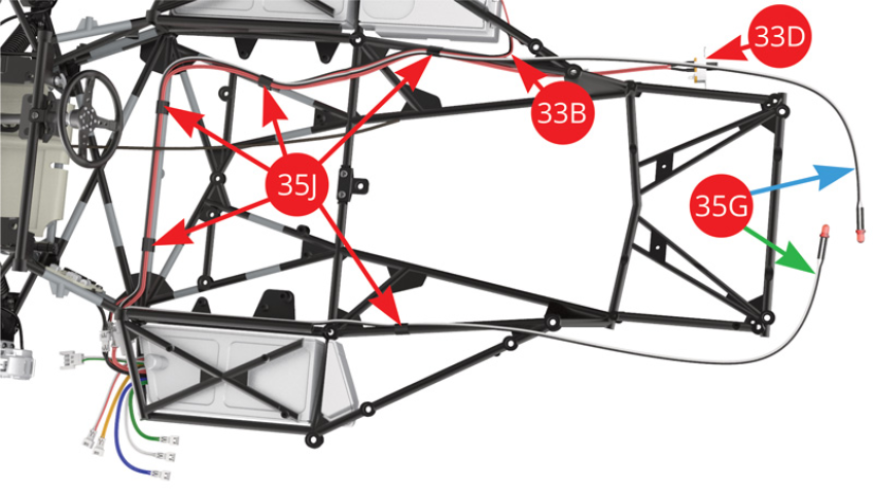 The right fuel tank cable / black-red (33B), the switch cable / red (33D) and the tail light LED cable / black-white (35G) are installed on the chassis. 