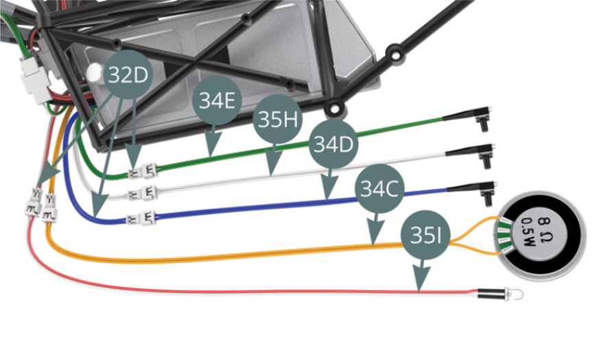Connect the horn switch cable / green (34E), the light switch cable / white (35H), the engine sound switch cable  / blue (34D), the speaker cable  / yellow (34C) and the instrument light LED cable / red-white (35I) to the same coloured cables on the circuit board (32D).