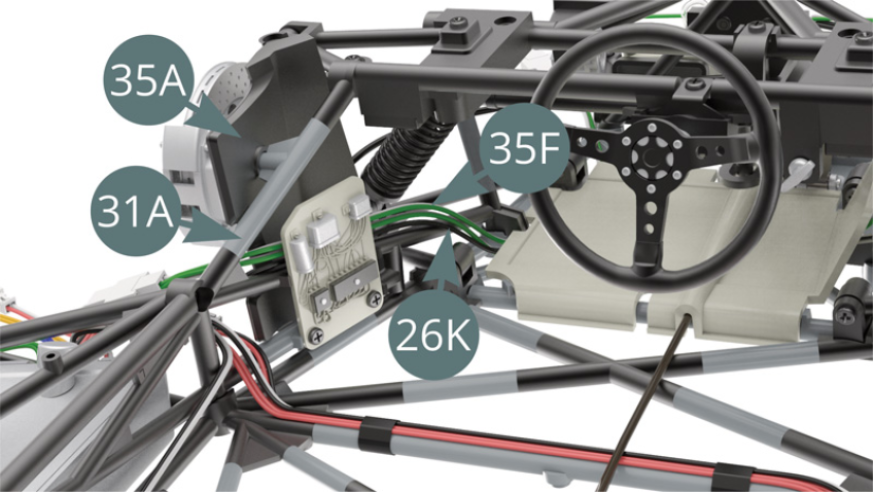 Check the correct positioning of the 35F (green-white) and 26K (black) cables after mounting the  left mudguard (35A). 
