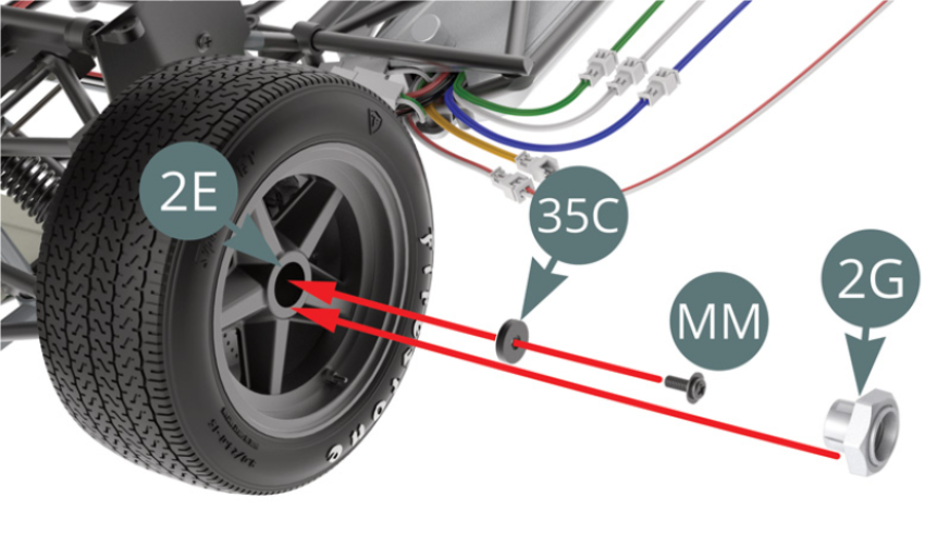 Attach the wheel rim (2E) with an MM screw by first passing it through the washer (35C). Position the hub cap (2G) on the wheel rim (2E). 