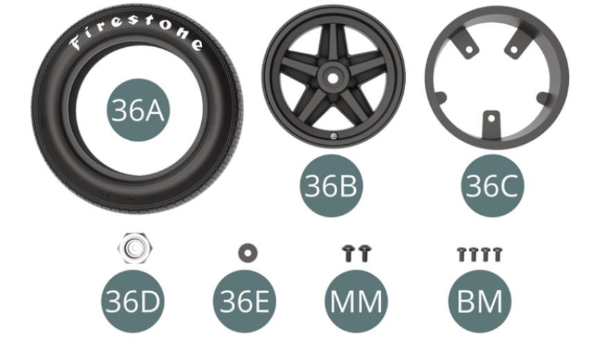 36A Front tyre36B Front wheel outer rim 36C Front wheel inner rim 36D Hub Cover 36E  WasherMM Screw M 2 x 5 x 5mm (x 2) BM Screw M 2 x 34 mm (x 4)