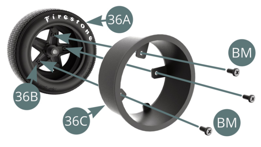 Position the inner rim (36C) on the front tyre (36A) and secure it to the outer rim (36B) with three BM screws.